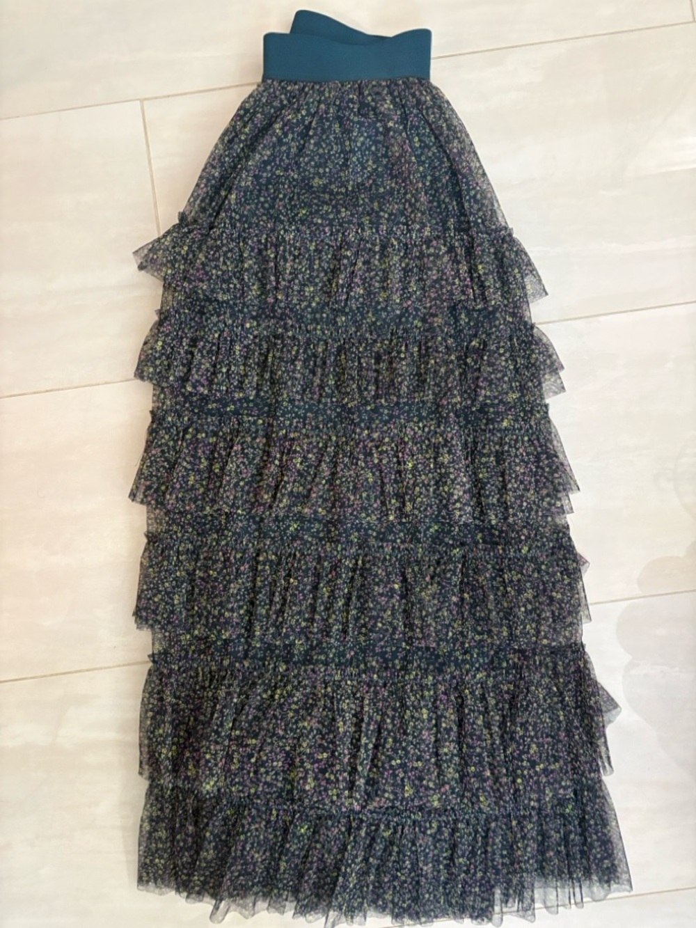 Boden Navy Tiered Floral Maxi Skirt with Teal Waistband